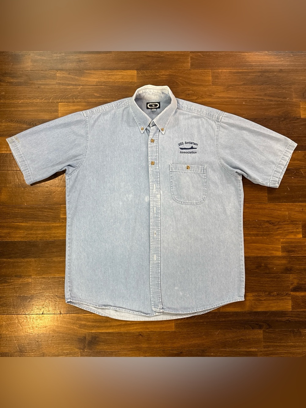 Vintage Three Rivers USS Antietam Association Denim Shirt Mens Large L Blue Navy